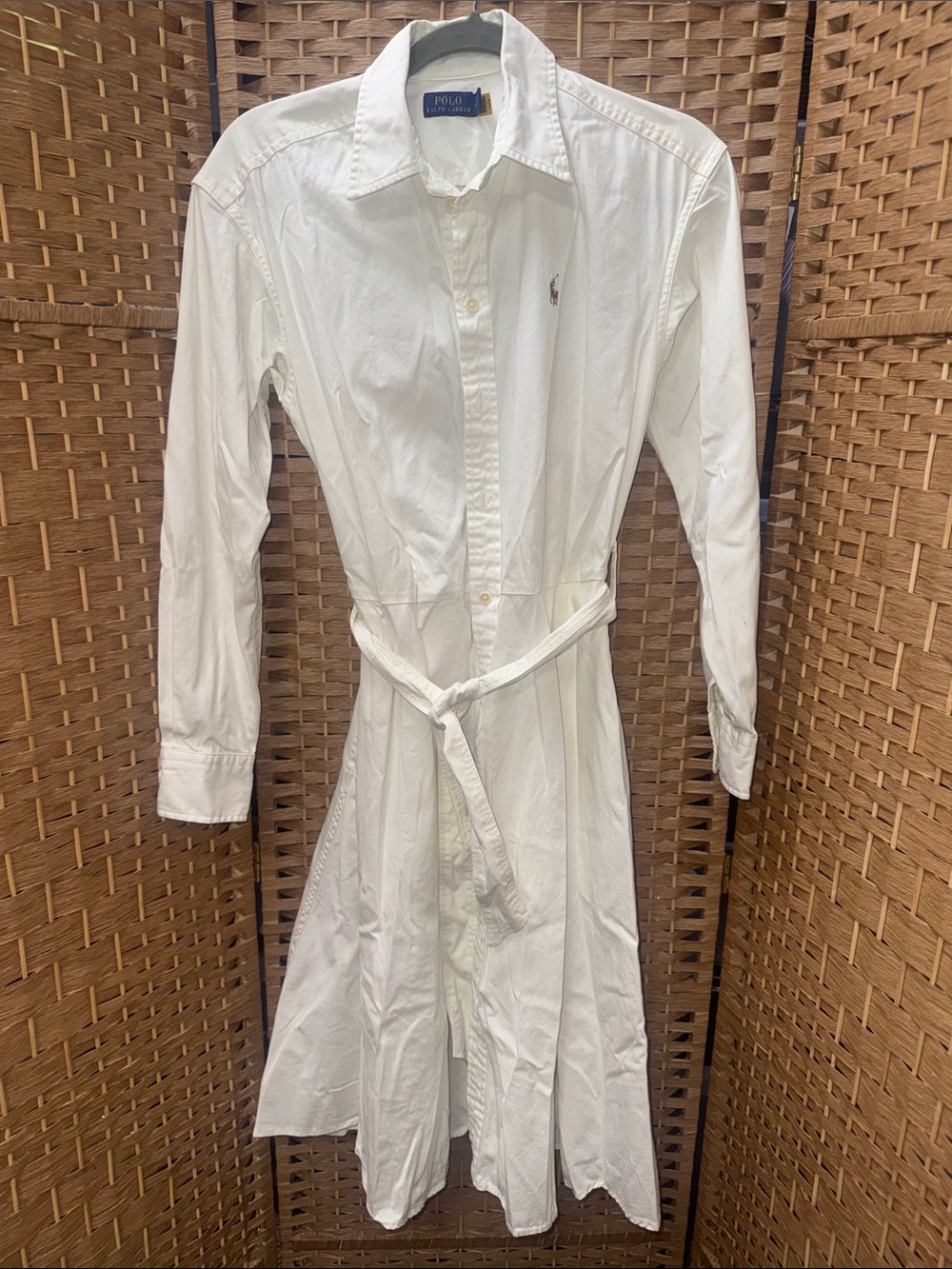 Polo by Ralph Lauren White Button-Down Shirt Dress with Waist Tie